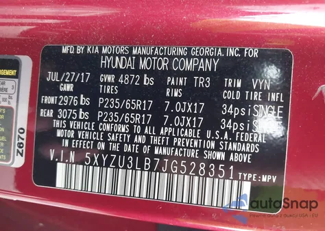 2018 Hyundai Santa Fe Sport 2.4L z USA, uszkodzony, nr VIN 5XYZU3LB7JG528351